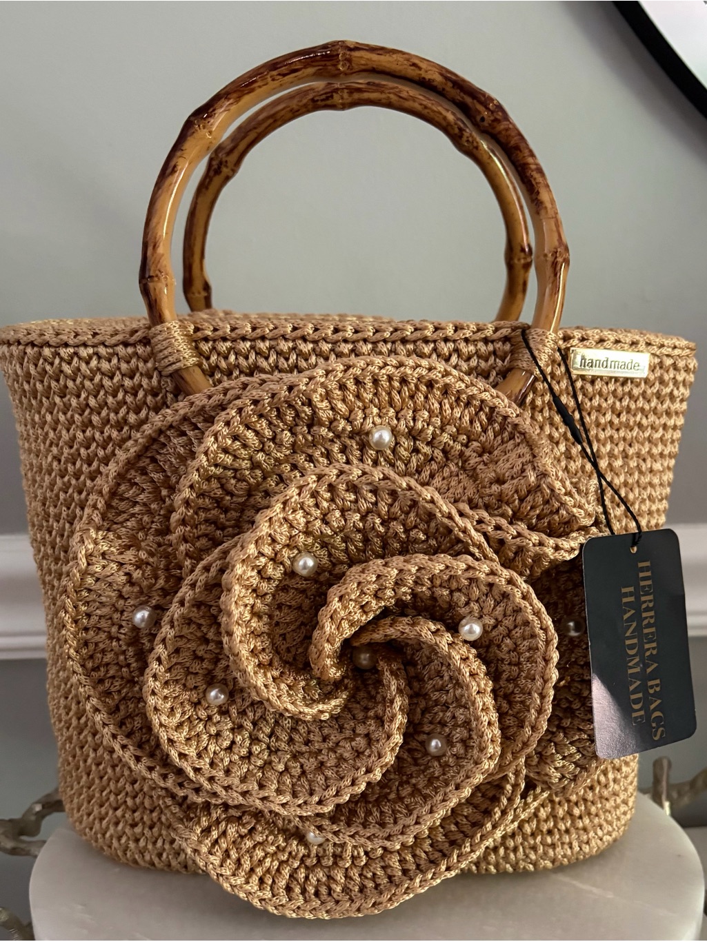 Handmade Tan Woven Flower Tote Bag With Bamboo Handles
